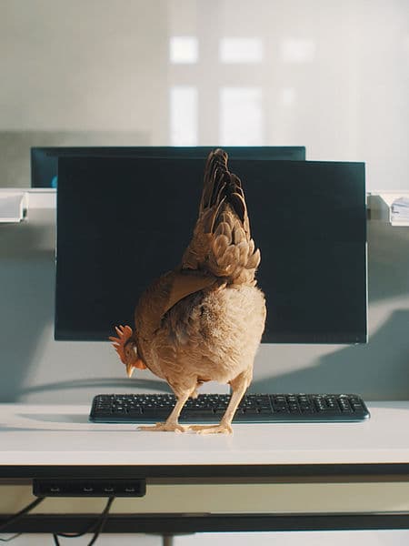 Huhn steht vor Computer und Tastatur
